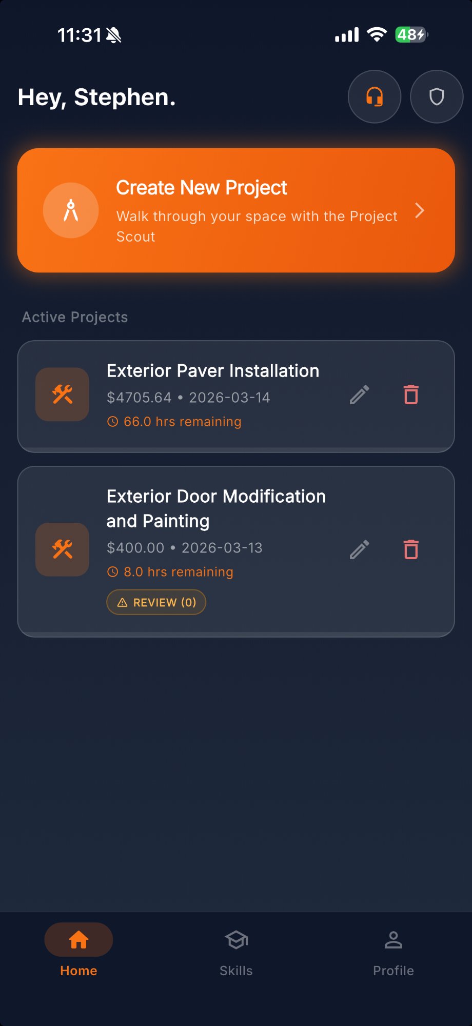 Sprüst — Home screen with active DIY projects