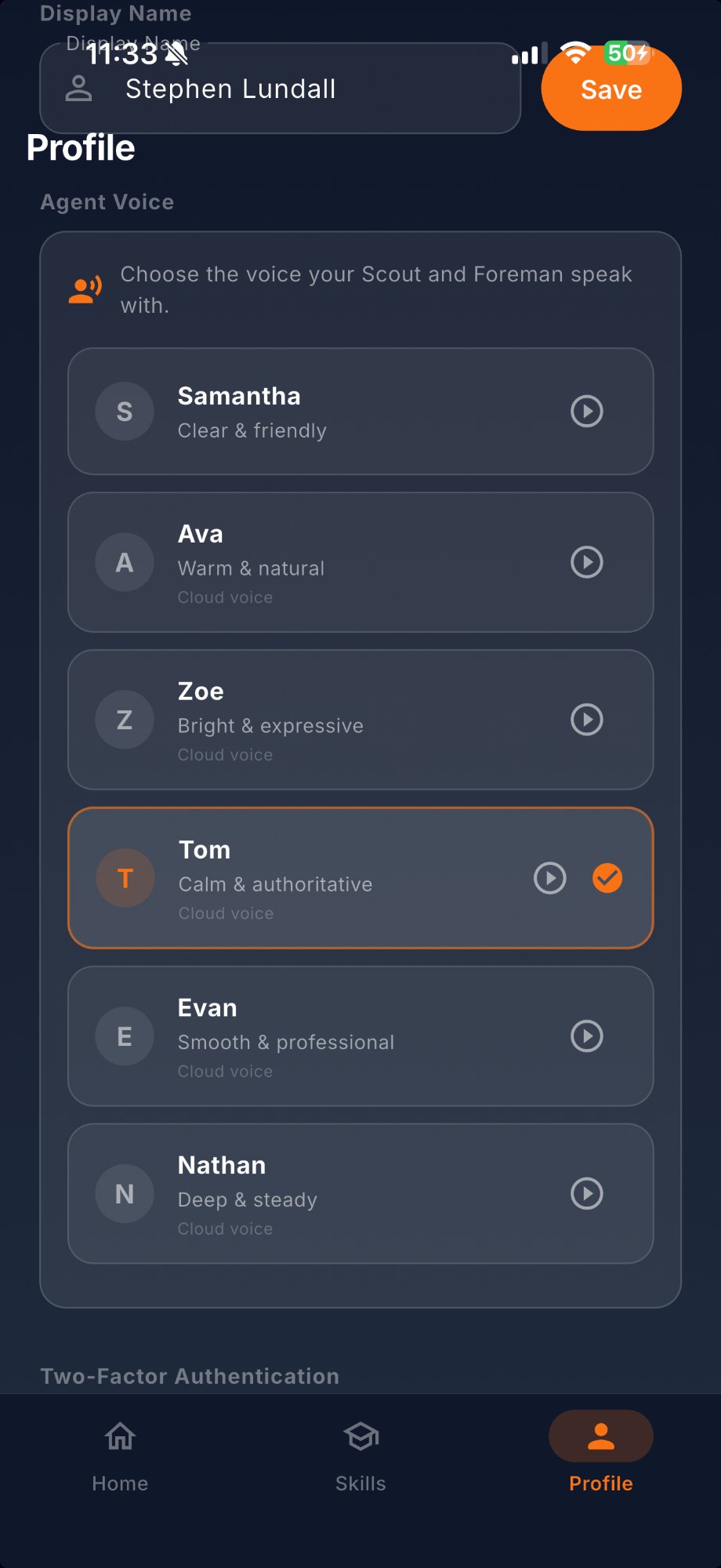 Sprüst — Profile with AI voice selection